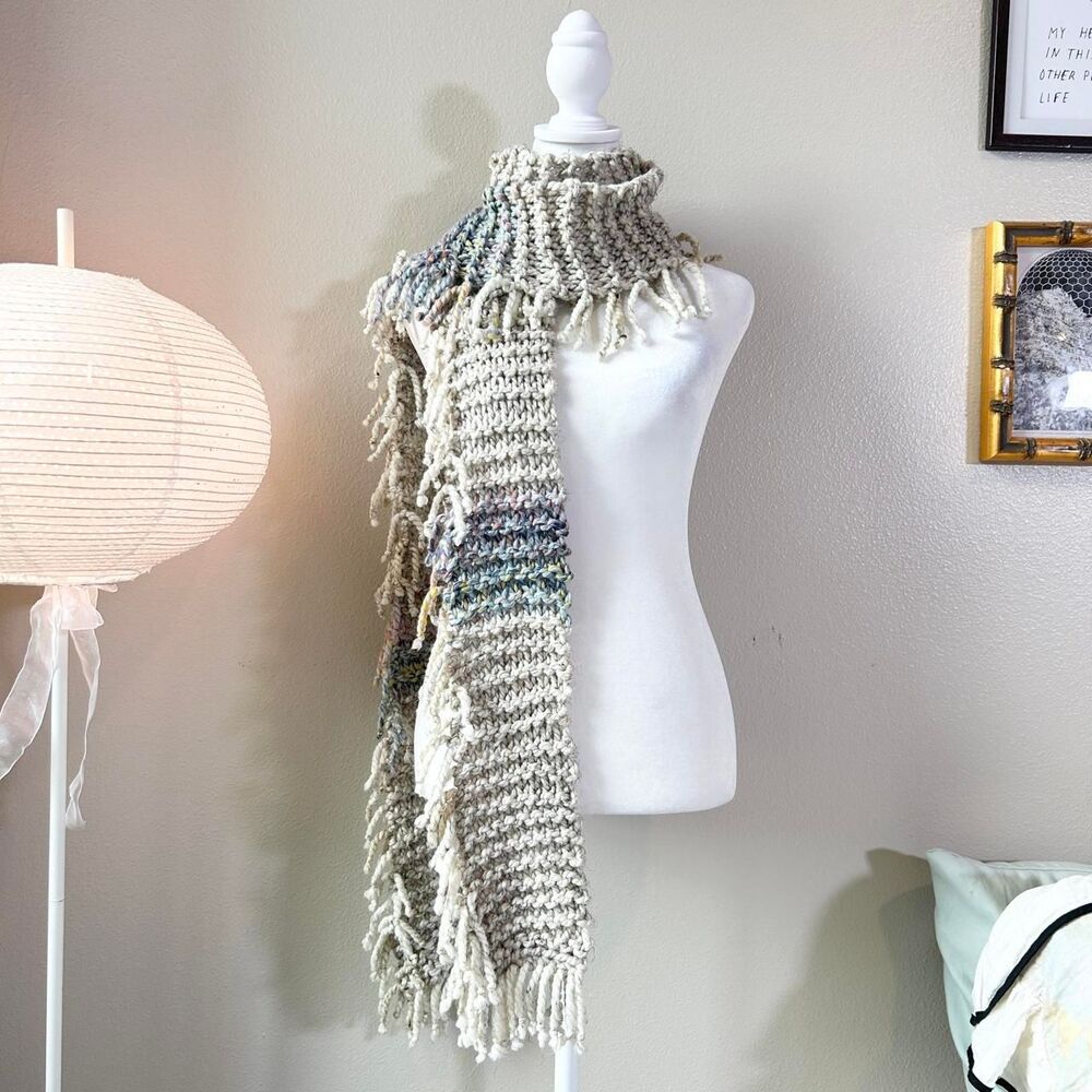 Handmade fringe earthy cream knit scarf
